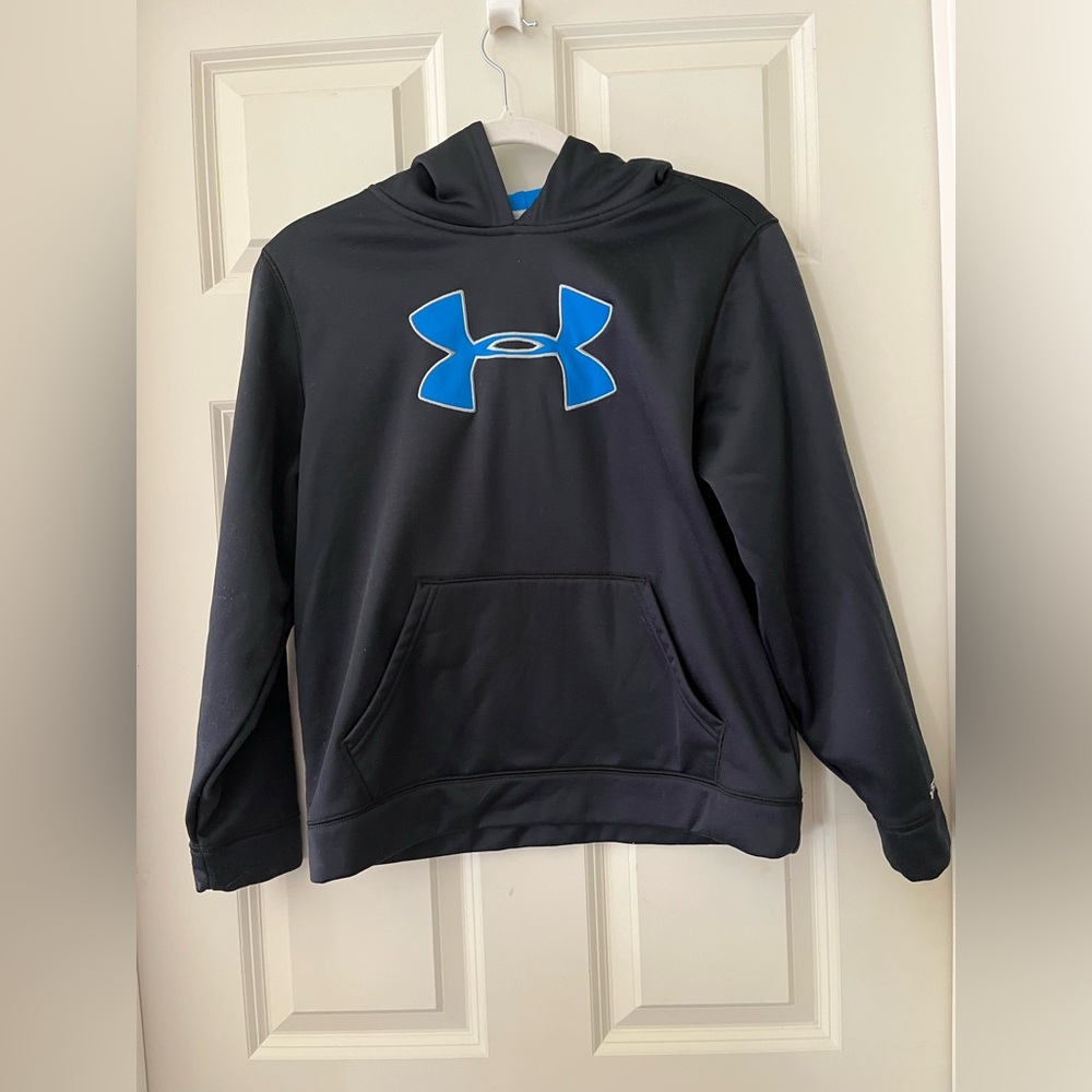 Boys UNDER ARMOUR Storm Pullover Hoodie Black with Blue Logo Youth Large